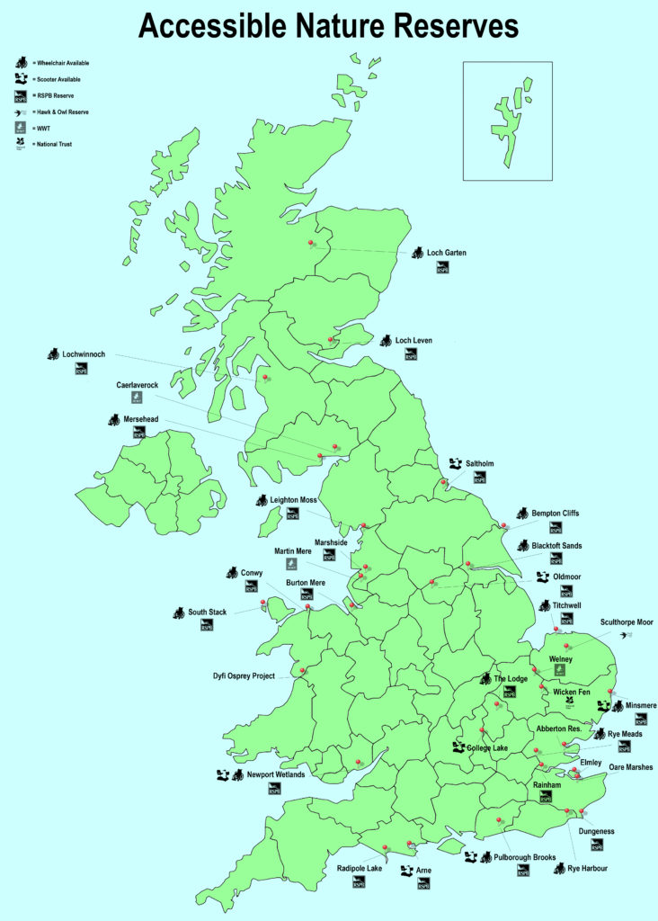 Accessible Nature Reserves Map including wheelchair or tramper hire